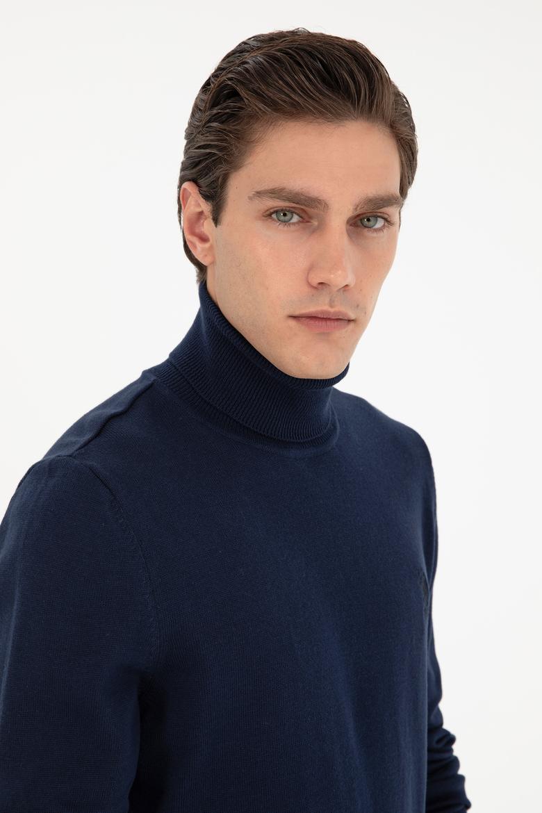 Erkek Slim Fit Boğazlı Yaka Lacivert Basic Kazak - 50288884060