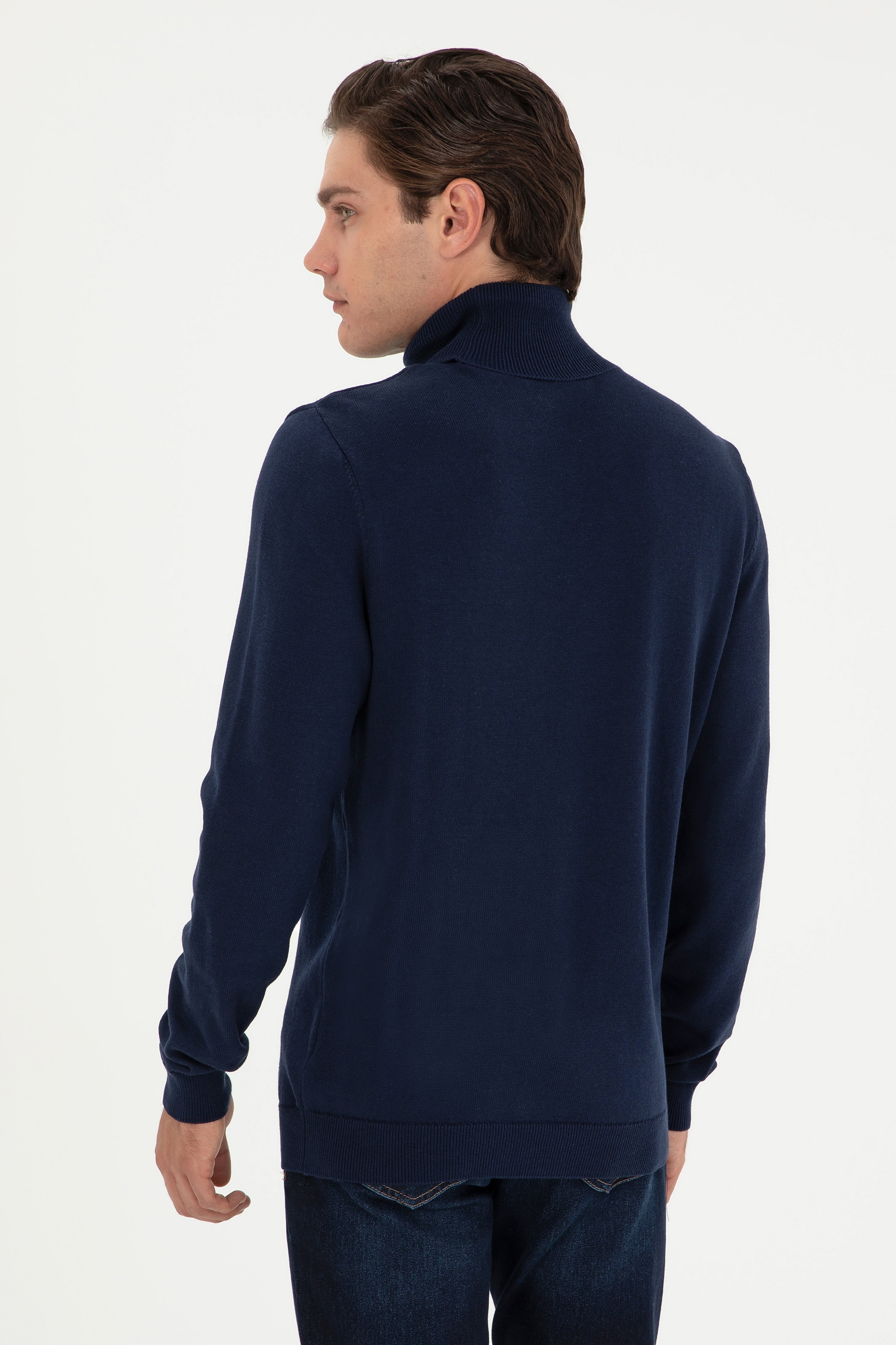 Erkek Slim Fit Boğazlı Yaka Lacivert Basic Kazak