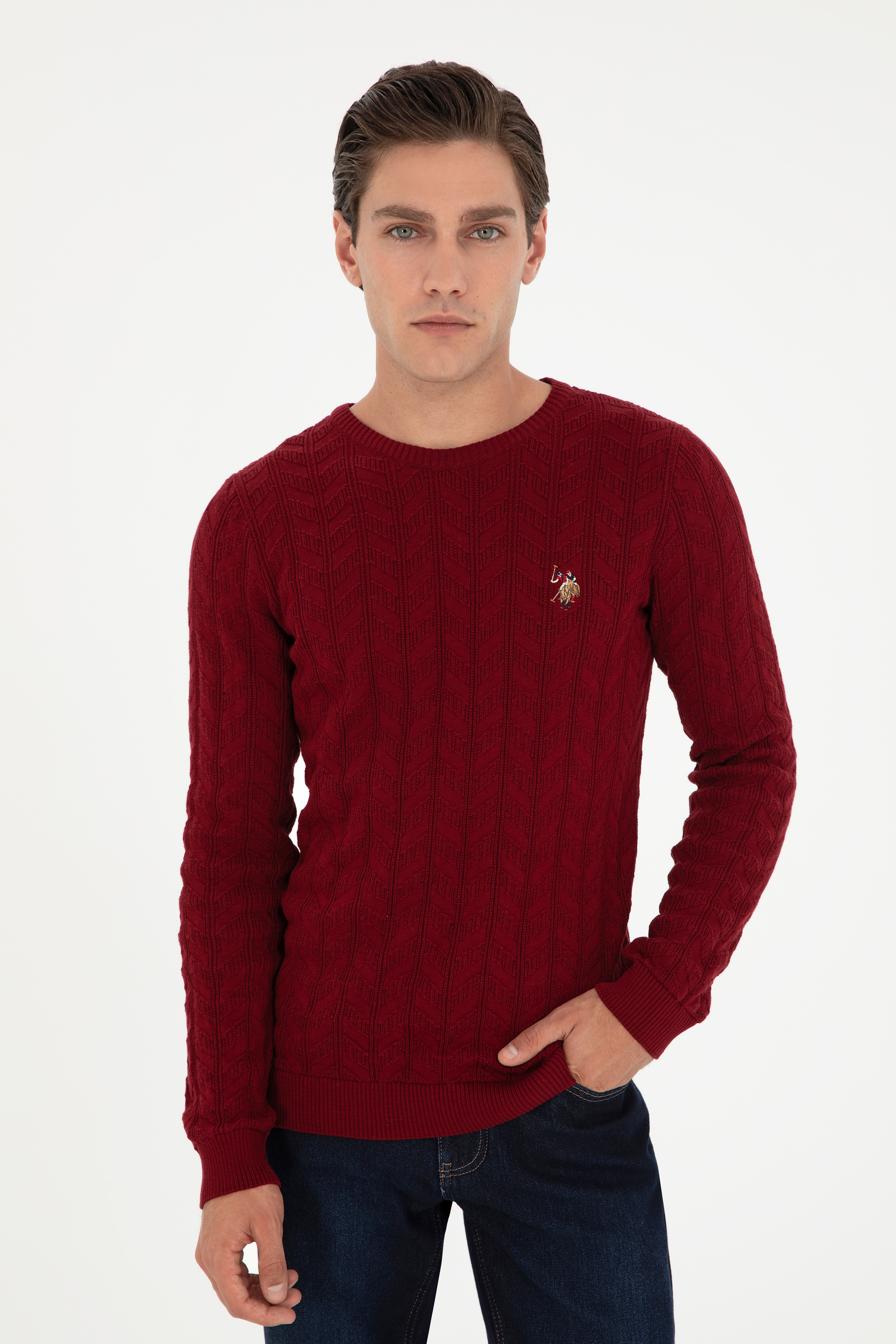 Erkek Slim Fit Bisiklet Yaka Bordo Basic Kazak