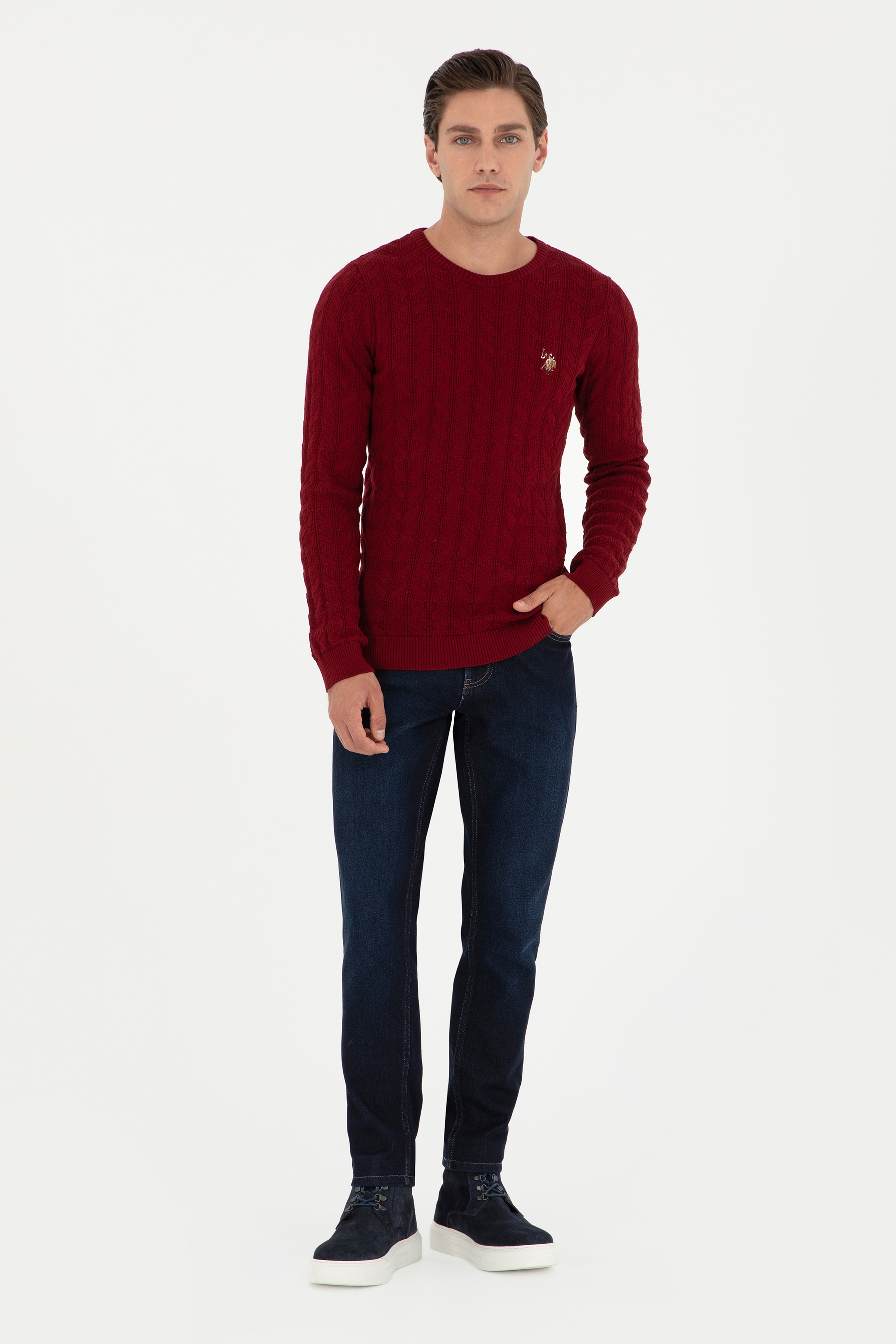 Erkek Slim Fit Bisiklet Yaka Bordo Basic Kazak - Image 4