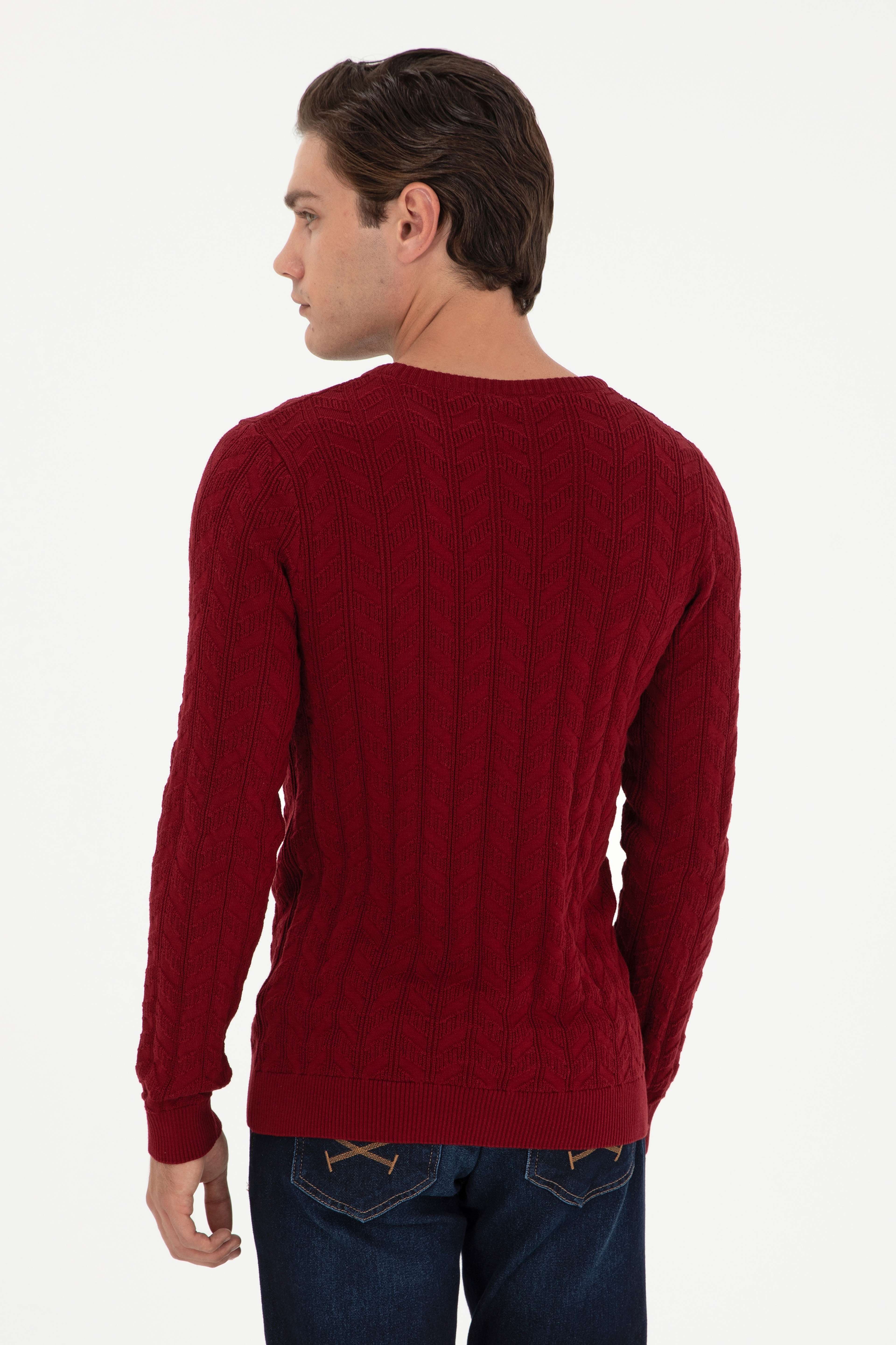 Erkek Slim Fit Bisiklet Yaka Bordo Basic Kazak - Image 5