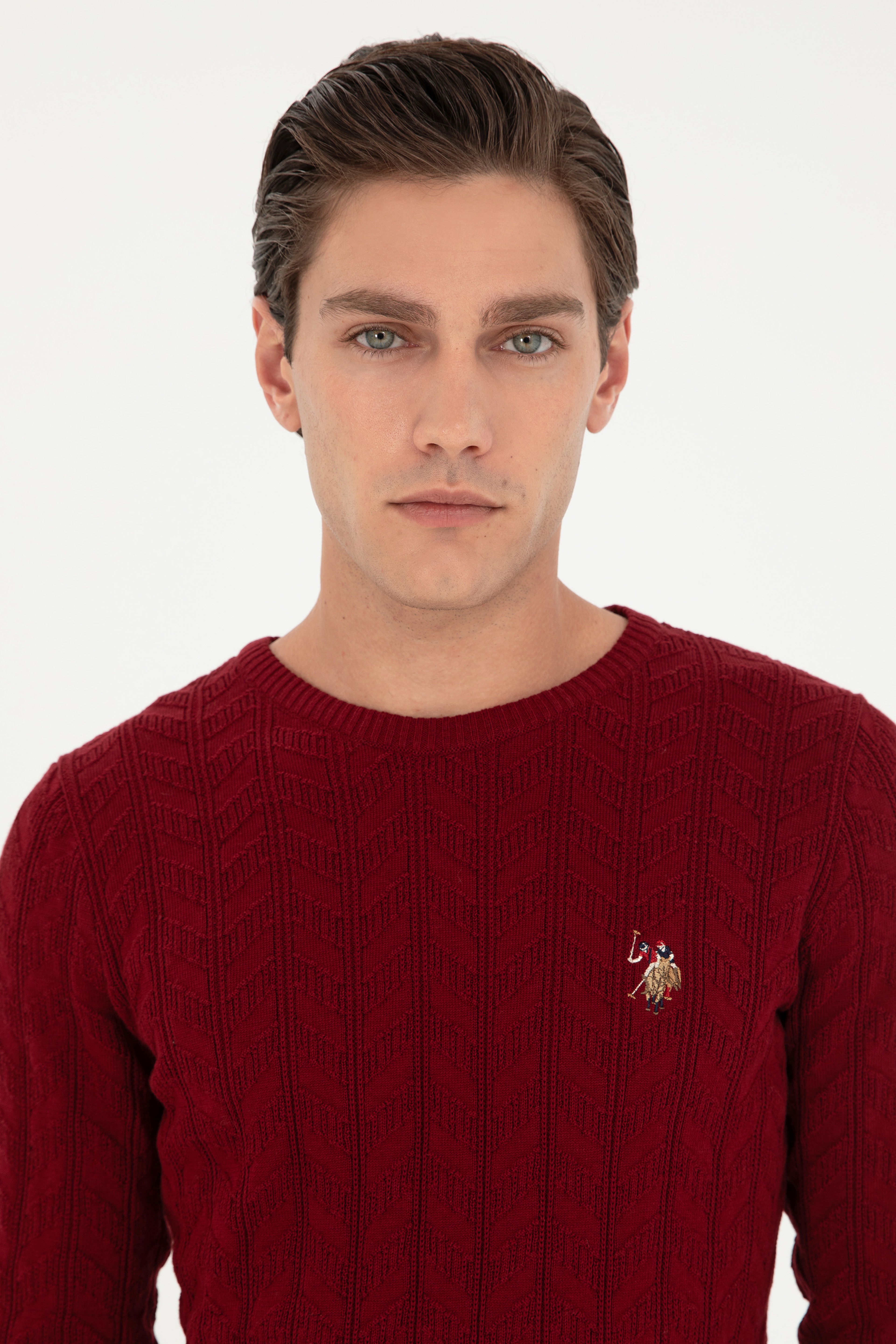 Erkek Slim Fit Bisiklet Yaka Bordo Basic Kazak
