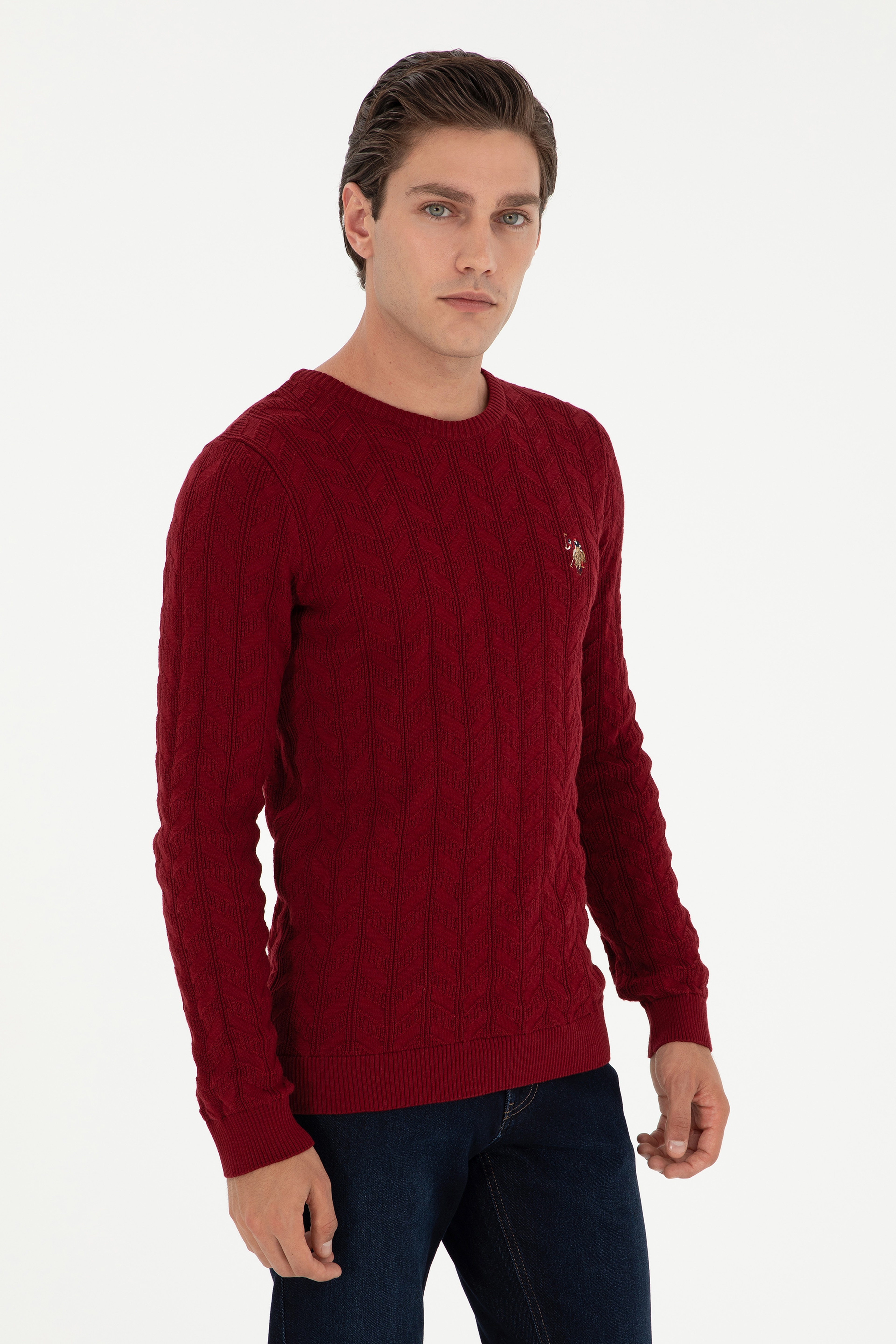 Erkek Slim Fit Bisiklet Yaka Bordo Basic Kazak - Image 1