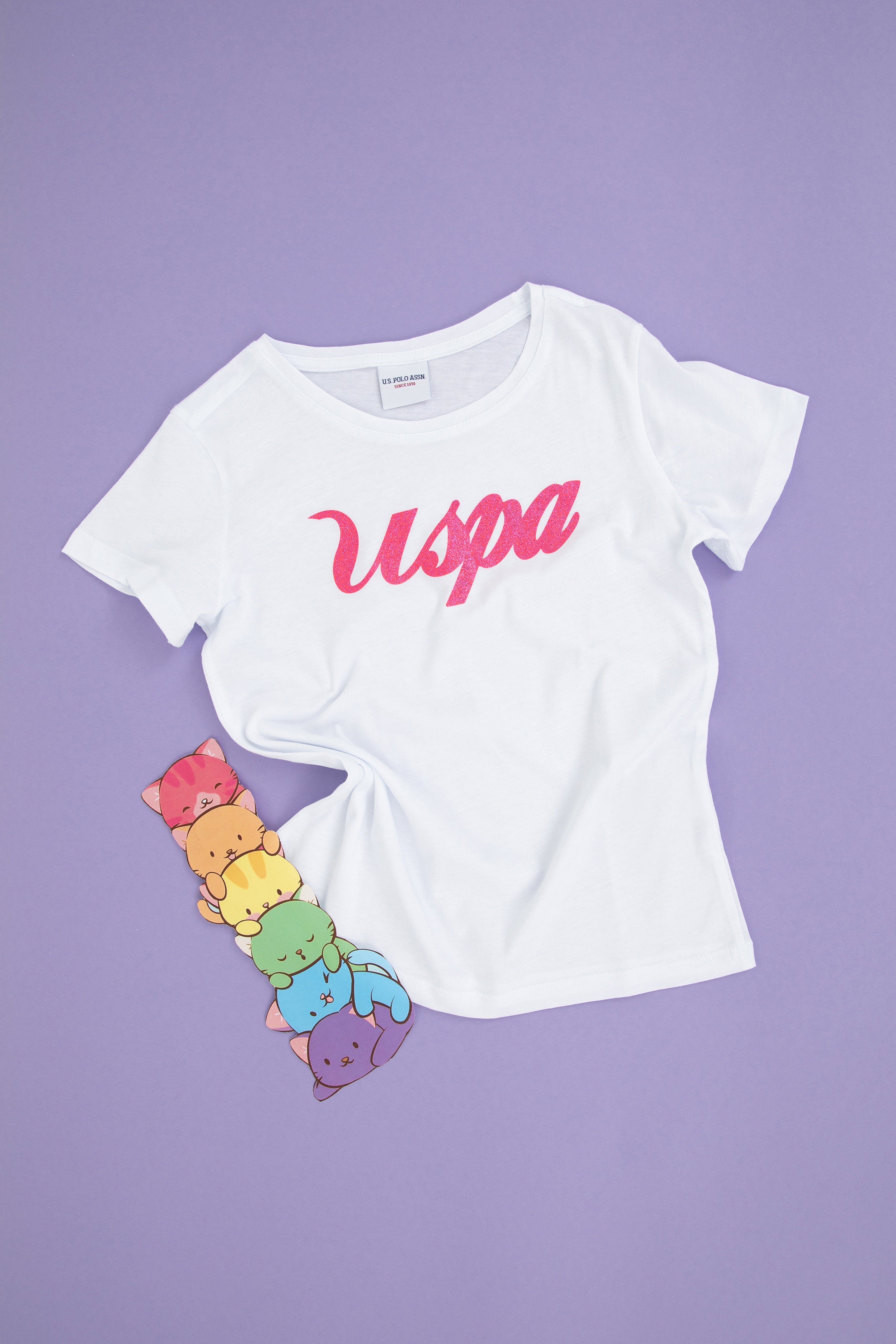 Kız Çocuk Beyaz Bisiklet Yaka Tişört - Image 1