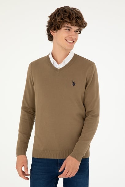 Erkek Slim Fit V Yaka Haki Basic Kazak
