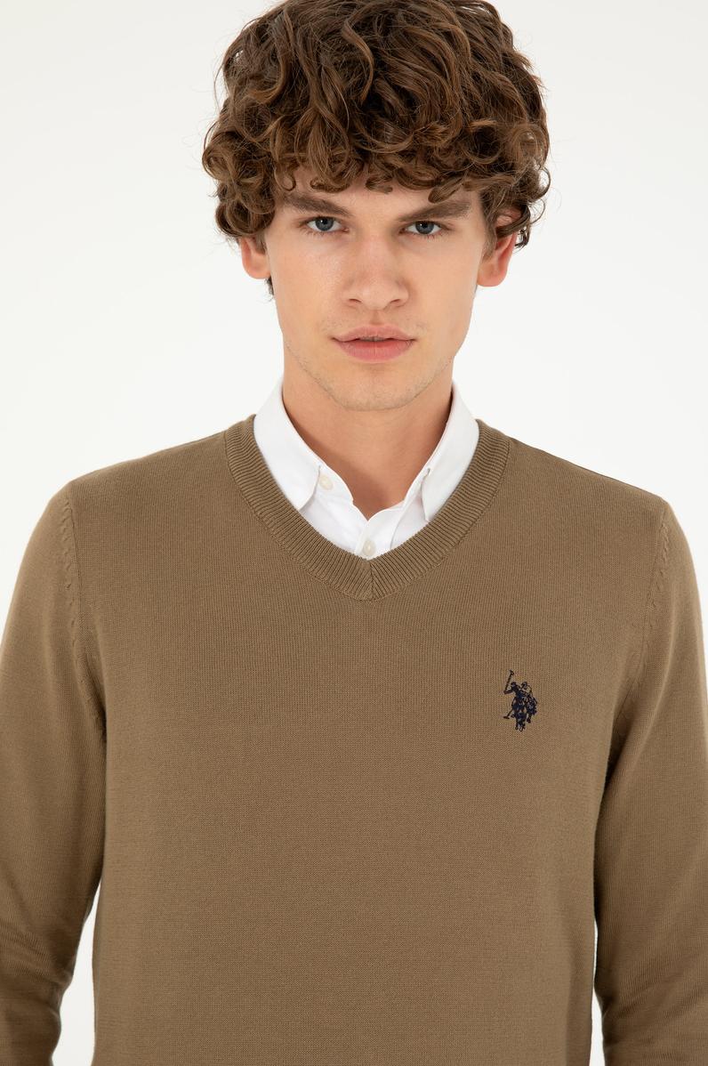 Erkek Slim Fit V Yaka Haki Basic Kazak