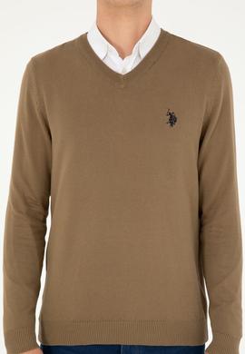 Erkek Slim Fit V Yaka Haki Basic Kazak - 50293512132