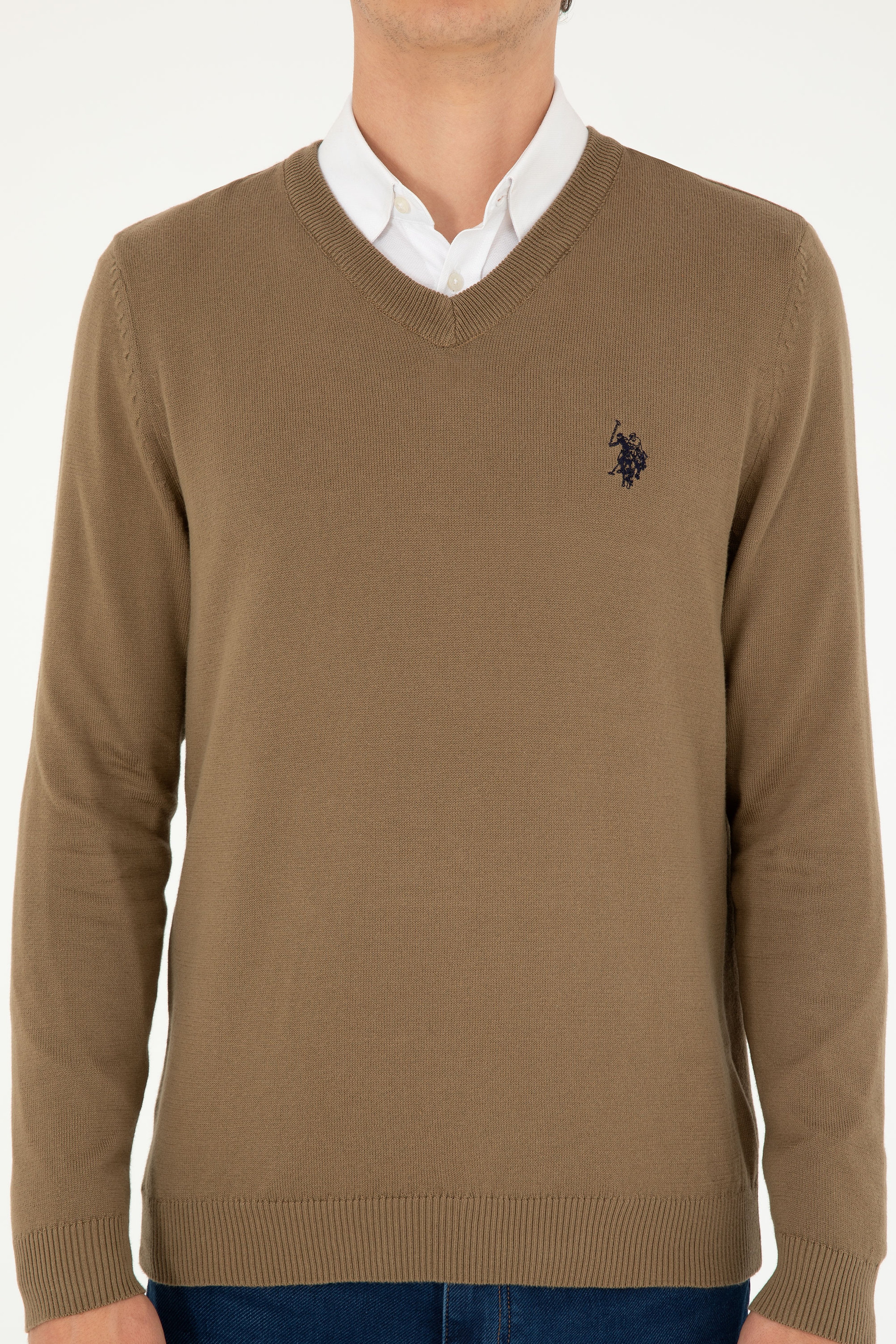 Erkek Slim Fit V Yaka Haki Basic Kazak - Image 6
