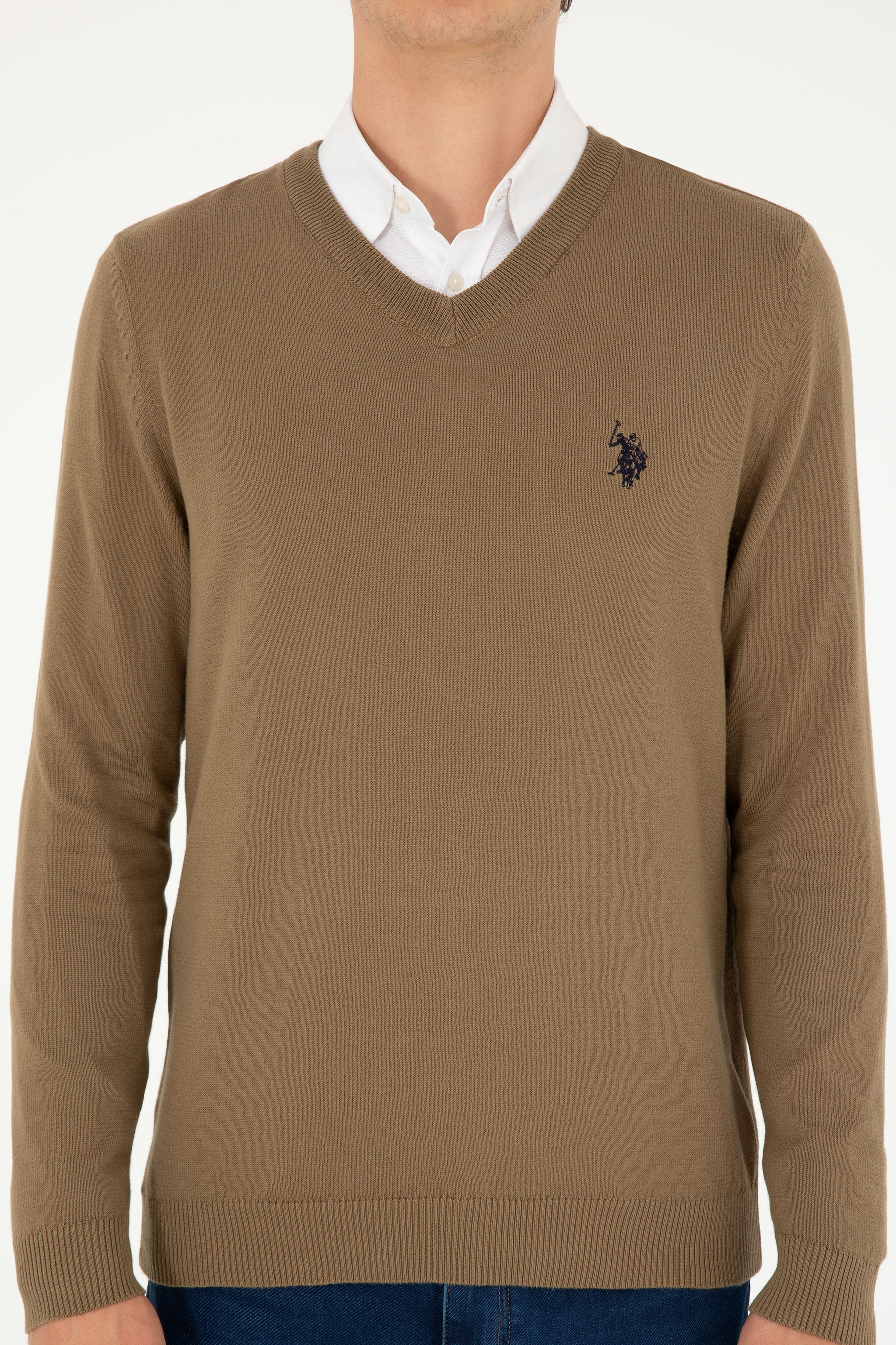 Erkek Slim Fit V Yaka Haki Basic Kazak