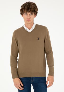 Erkek Slim Fit V Yaka Haki Basic Kazak - 50293512132