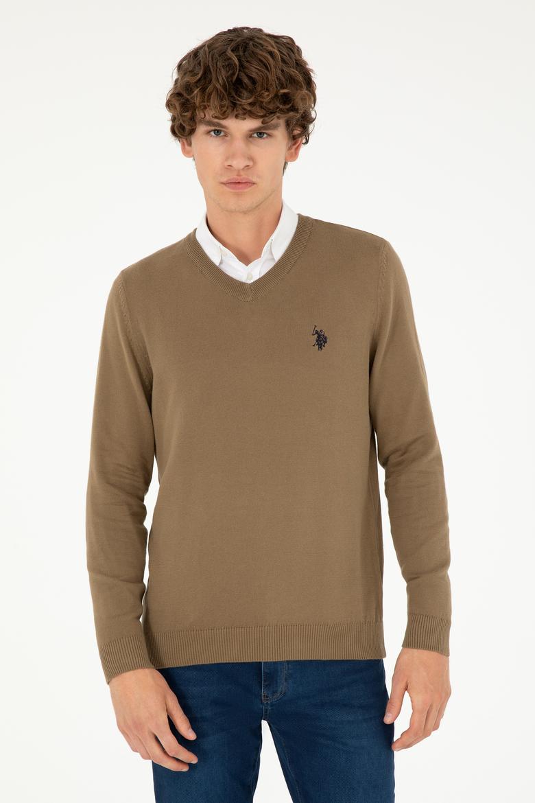 Erkek Slim Fit V Yaka Haki Basic Kazak