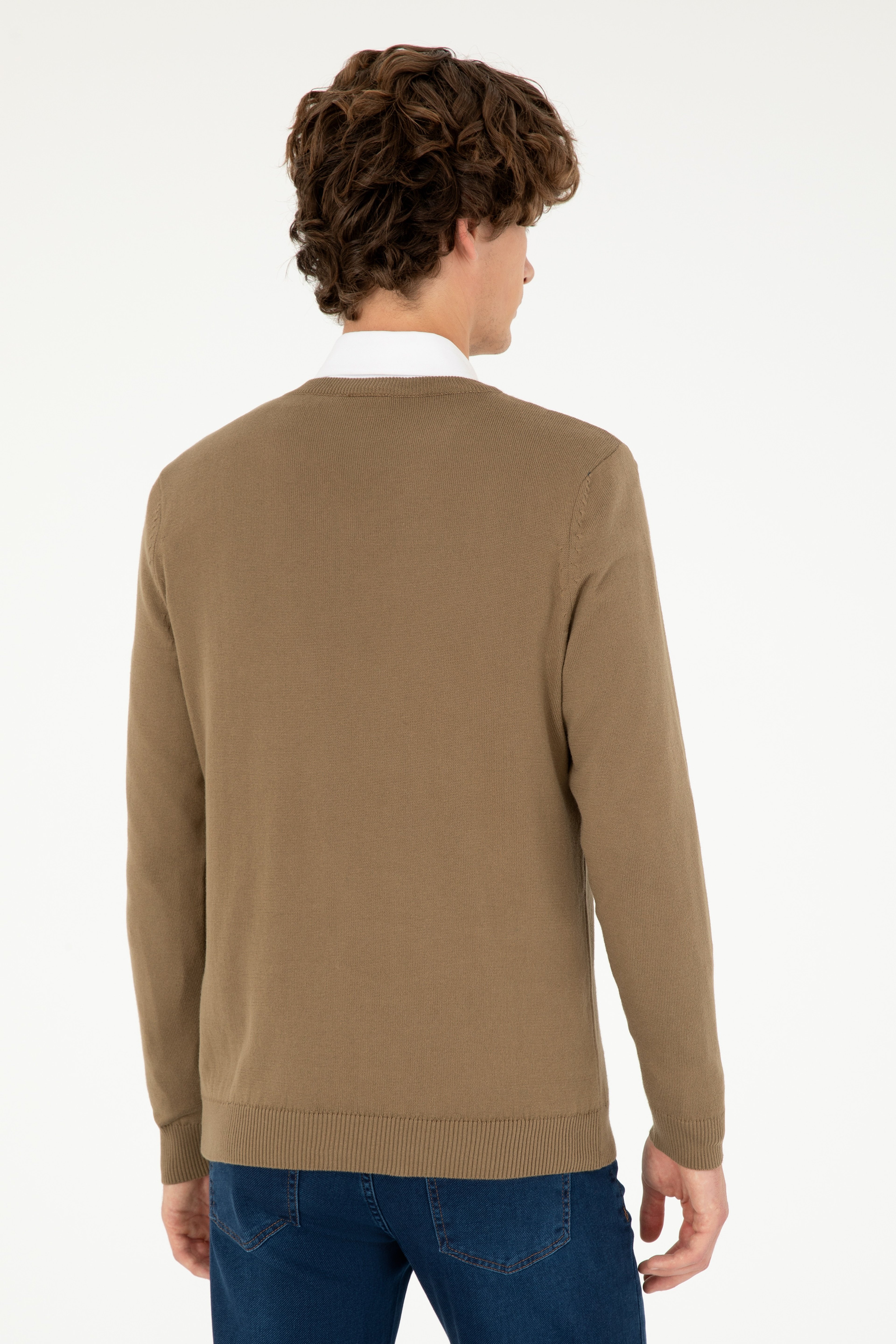 Erkek Slim Fit V Yaka Haki Basic Kazak - Image 5
