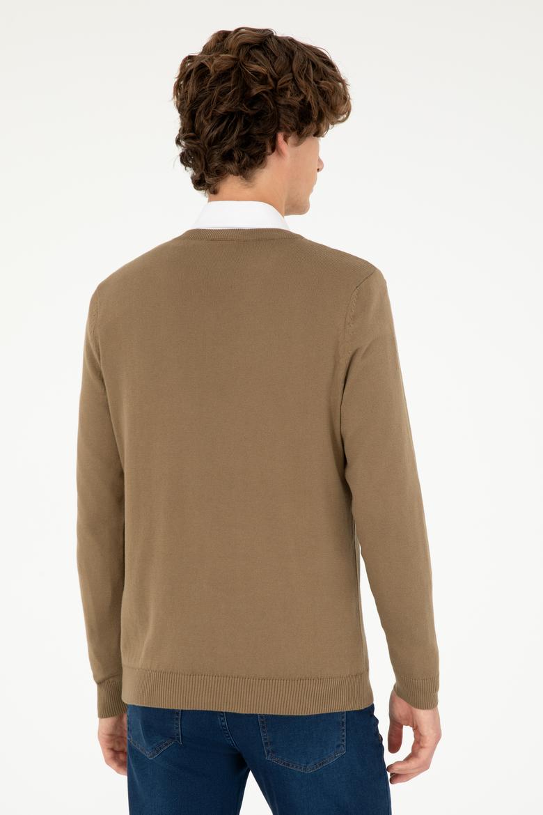 Erkek Slim Fit V Yaka Haki Basic Kazak - 50293512132