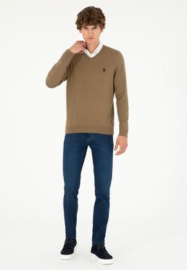 Erkek Slim Fit V Yaka Haki Basic Kazak - 50293512132