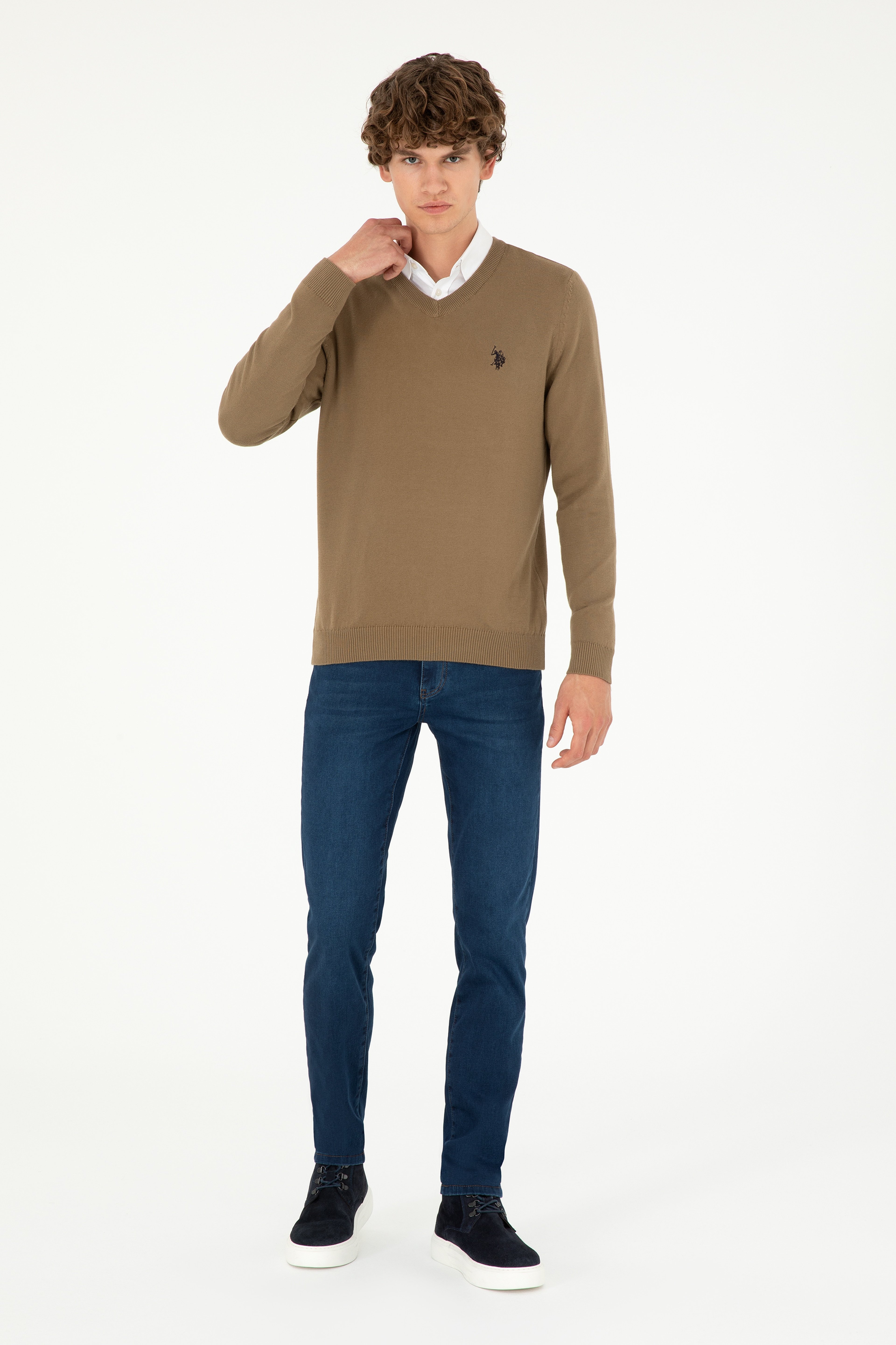 Erkek Slim Fit V Yaka Haki Basic Kazak - Image 4