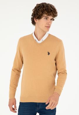 Erkek Slim Fit V Yaka Camel Melanj Basic Kazak - 50293512042