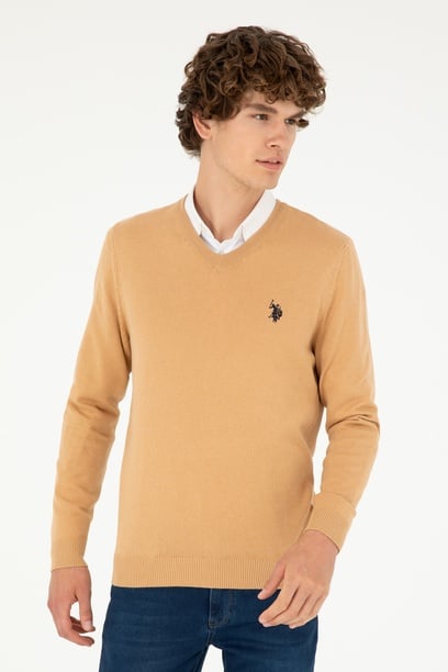 Erkek Slim Fit V Yaka Camel Melanj Basic Kazak