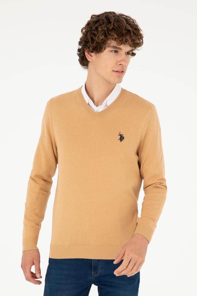 Erkek Slim Fit V Yaka Camel Melanj Basic Kazak