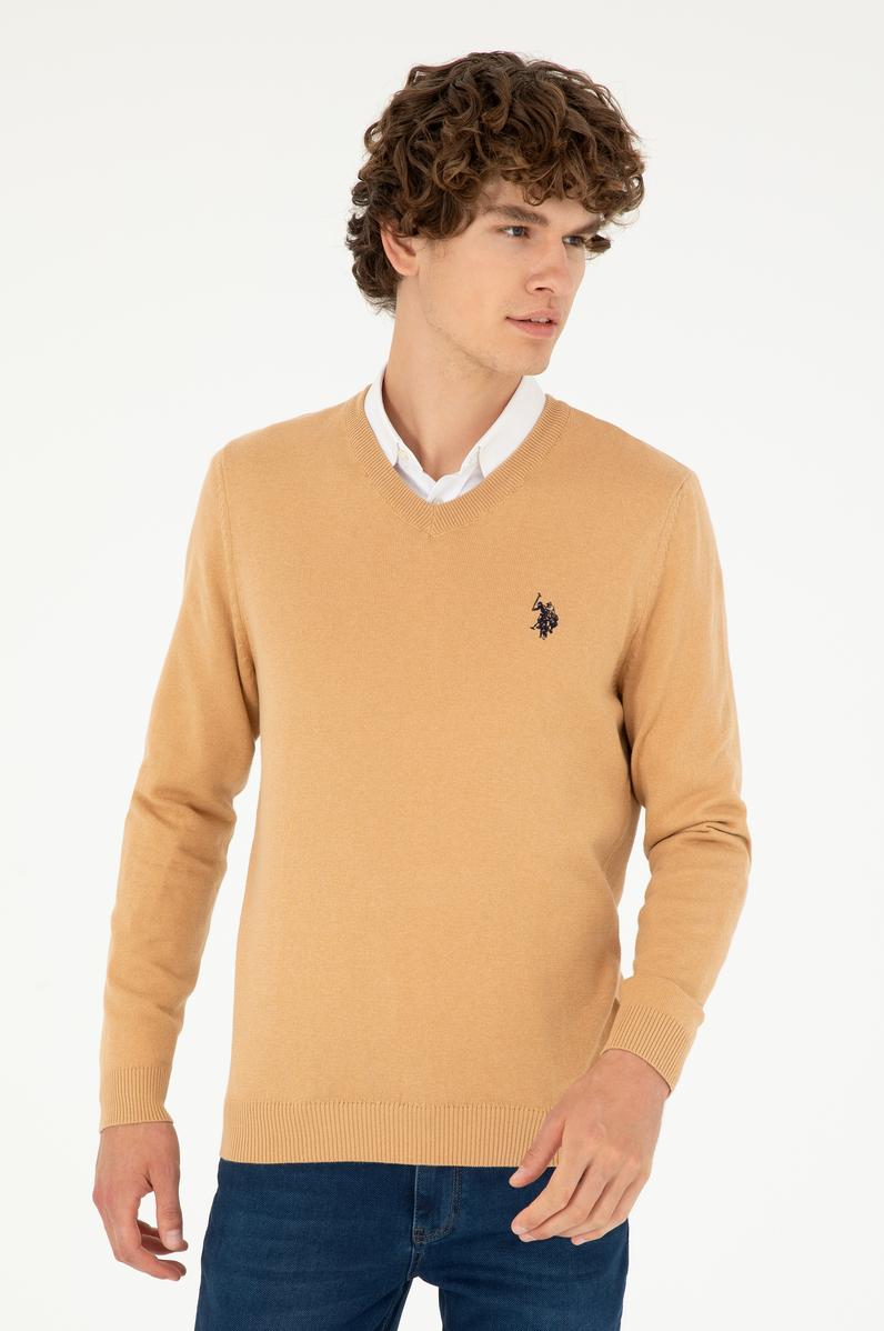 Erkek Slim Fit V Yaka Camel Melanj Basic Kazak