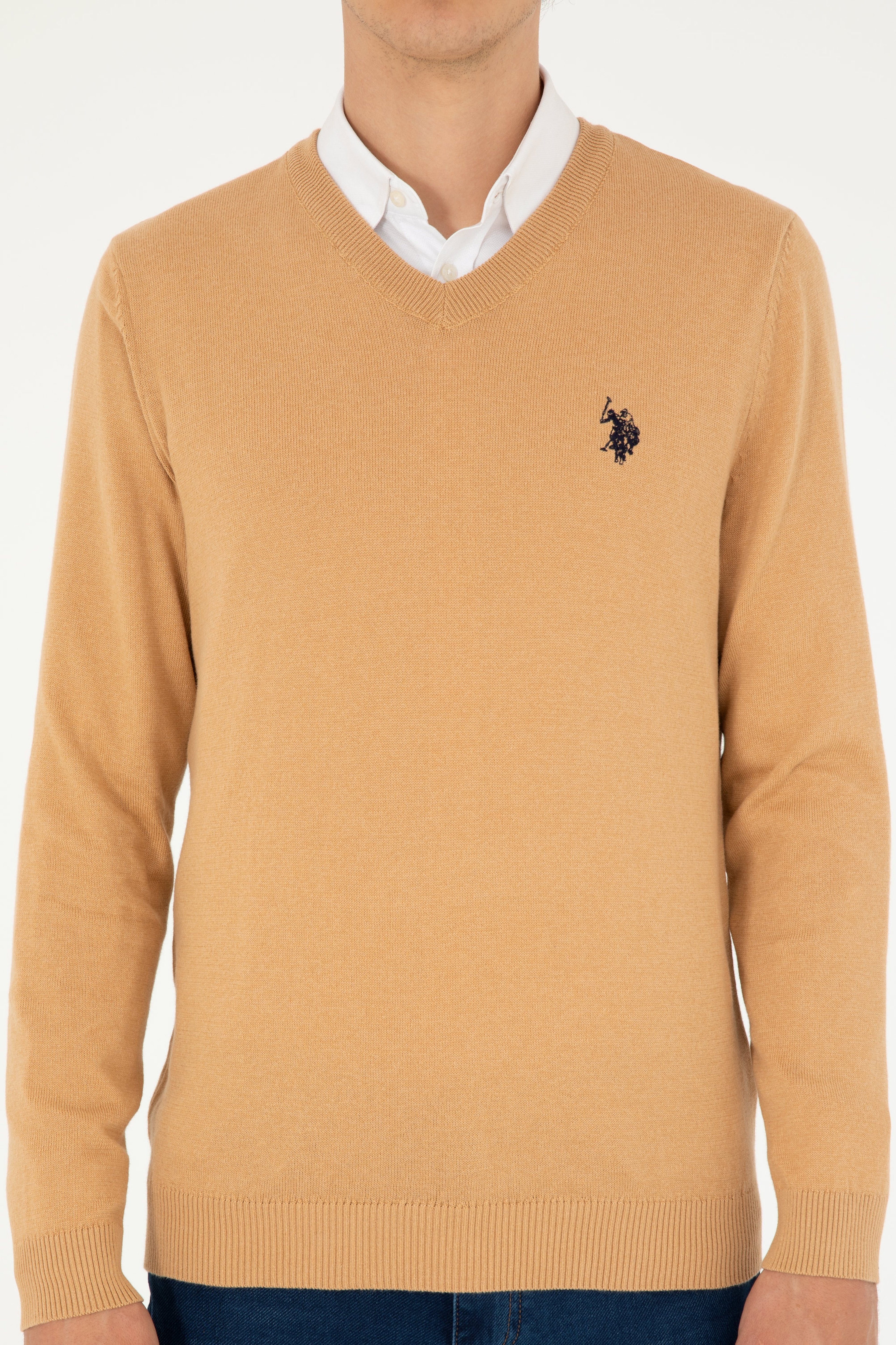 Erkek Slim Fit V Yaka Camel Melanj Basic Kazak
