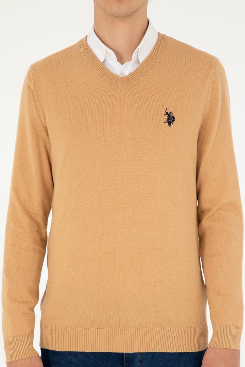 Erkek Slim Fit V Yaka Camel Melanj Basic Kazak - 50293512042