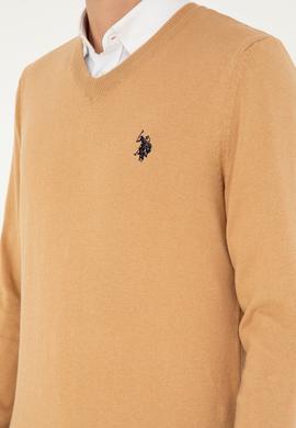 Erkek Slim Fit V Yaka Camel Melanj Basic Kazak - 50293512042