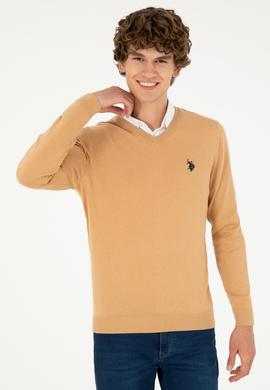 Erkek Slim Fit V Yaka Camel Melanj Basic Kazak - 50293512042