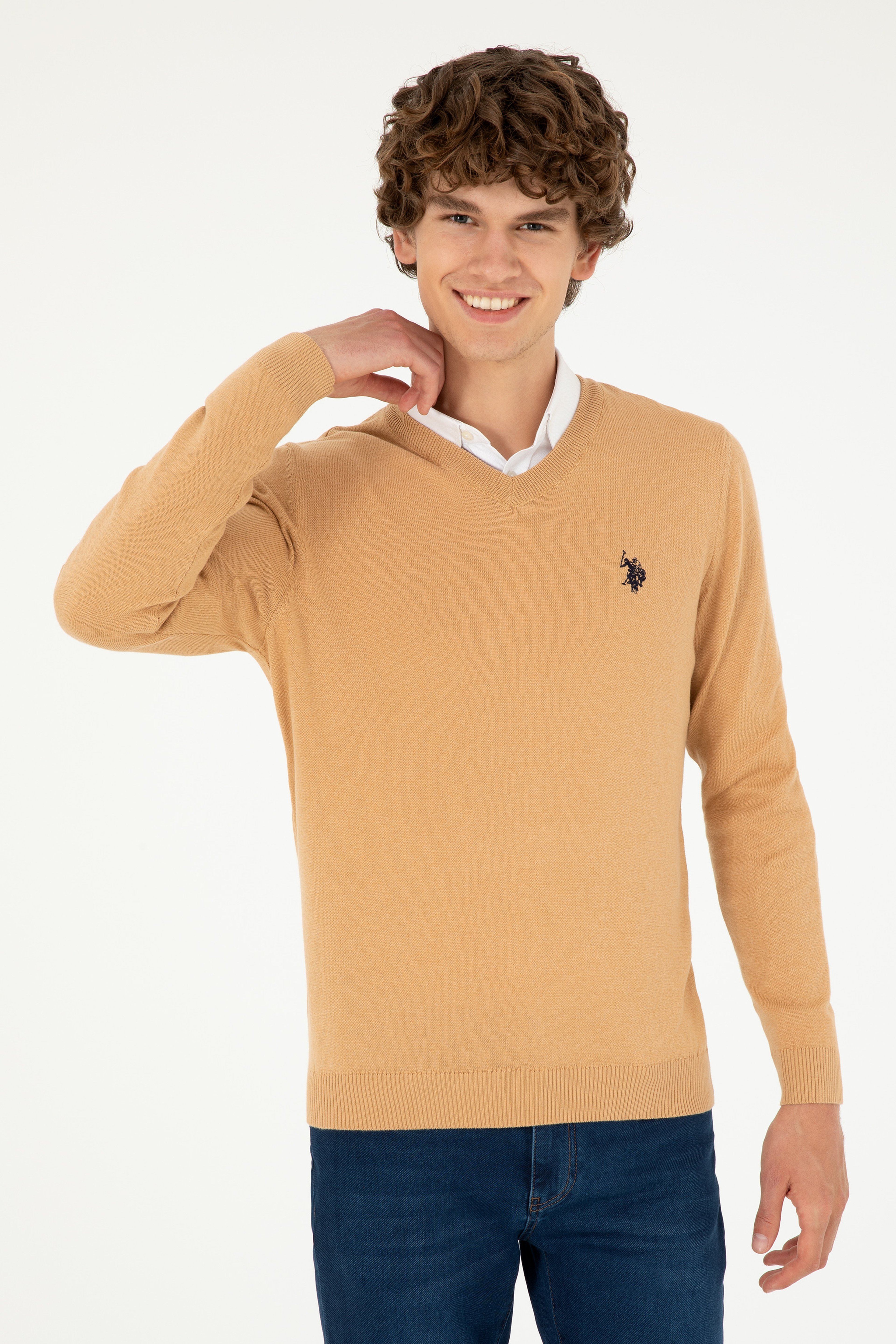Erkek Slim Fit V Yaka Camel Melanj Basic Kazak