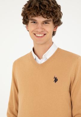 Erkek Slim Fit V Yaka Camel Melanj Basic Kazak - 50293512042