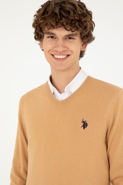 Erkek Slim Fit V Yaka Camel Melanj Basic Kazak