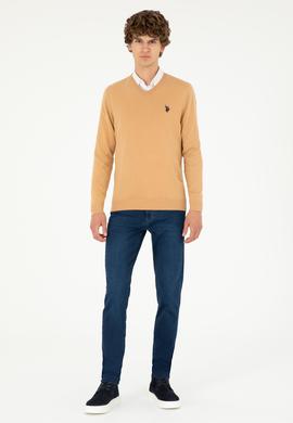 Erkek Slim Fit V Yaka Camel Melanj Basic Kazak - 50293512042