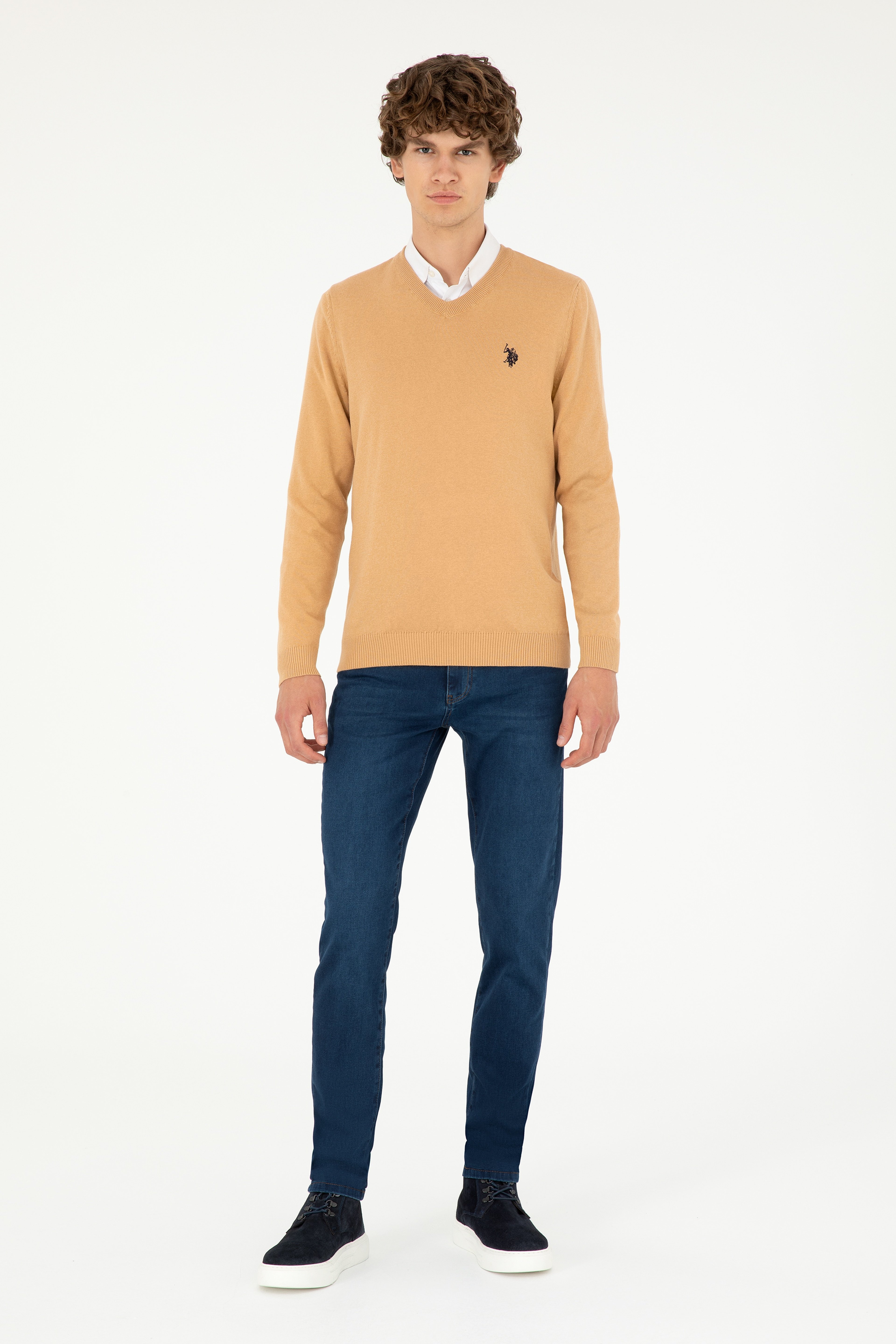 Erkek Slim Fit V Yaka Camel Melanj Basic Kazak
