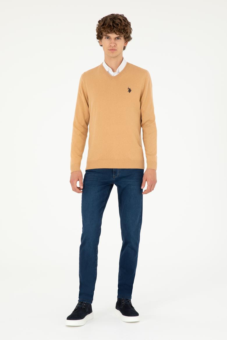 Erkek Slim Fit V Yaka Camel Melanj Basic Kazak - 50293512042