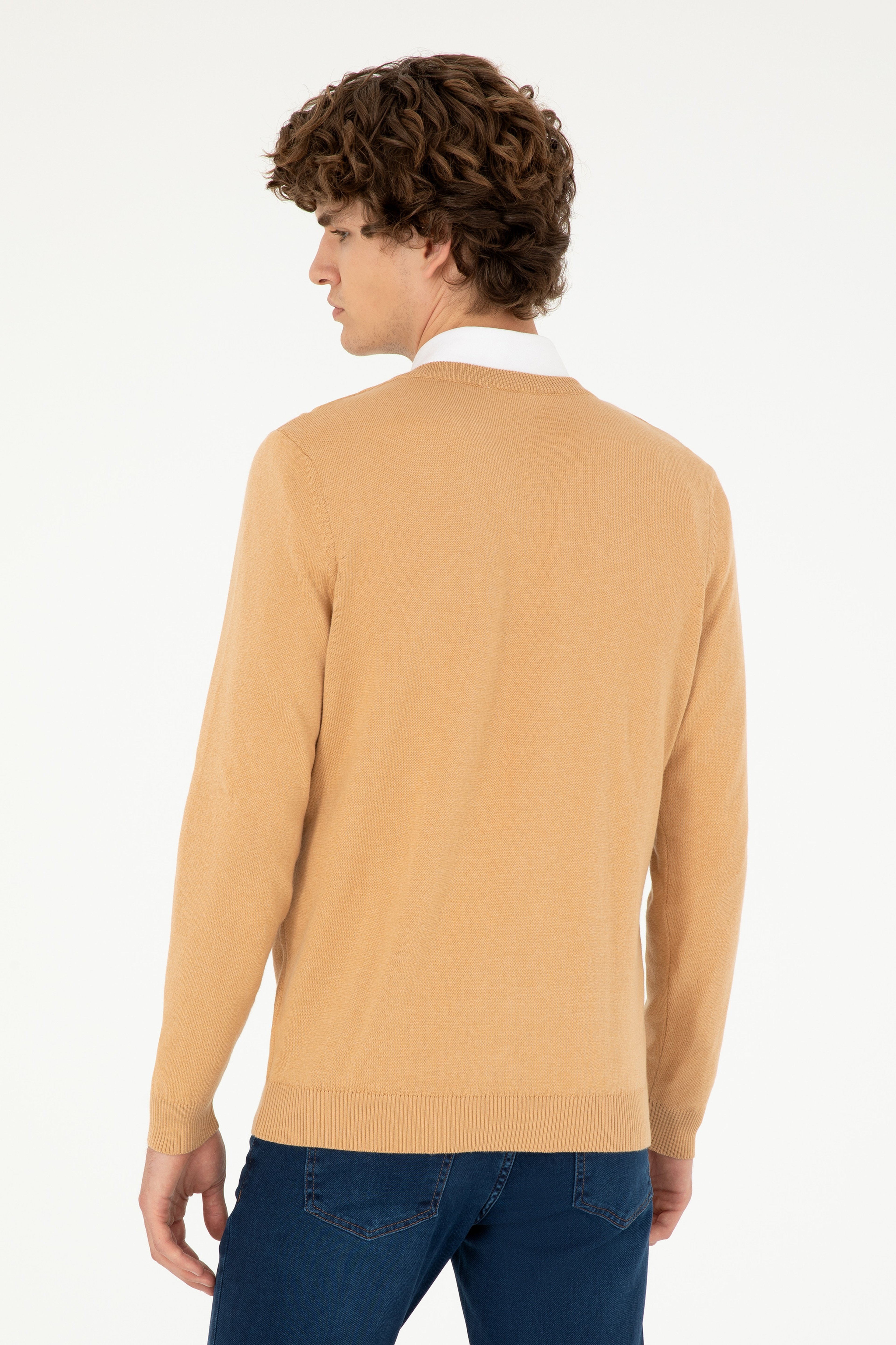 Erkek Slim Fit V Yaka Camel Melanj Basic Kazak - Image 5