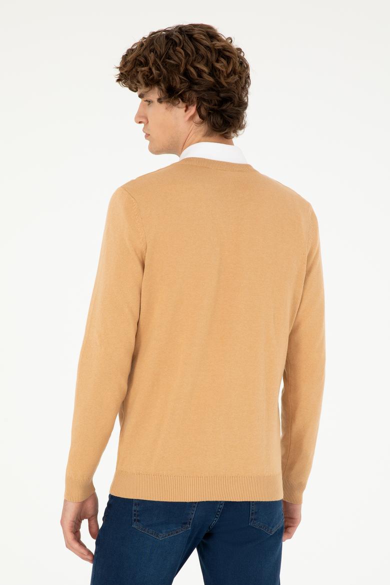 Erkek Slim Fit V Yaka Camel Melanj Basic Kazak - 50293512042
