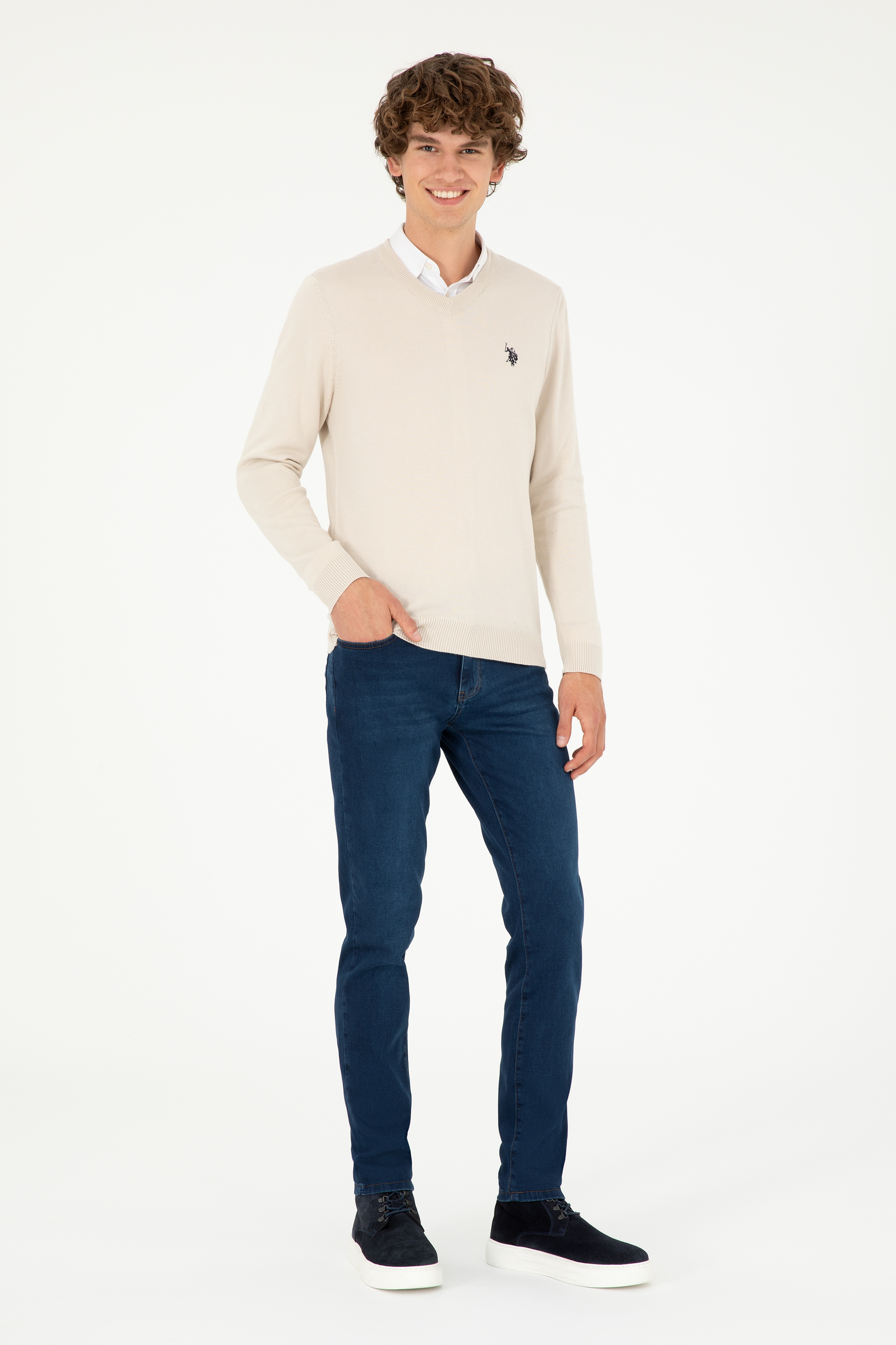 Erkek Slim Fit V Yaka Taş Basic Kazak - Image 4