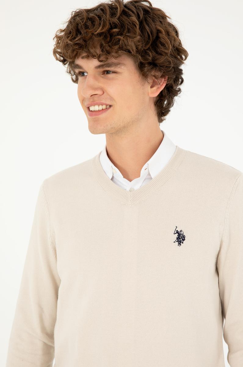 Erkek Slim Fit V Yaka Taş Basic Kazak