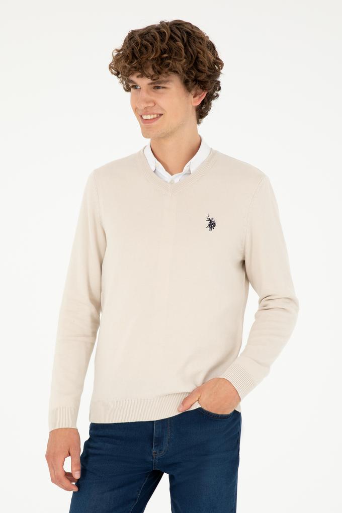 Erkek Slim Fit V Yaka Taş Basic Kazak