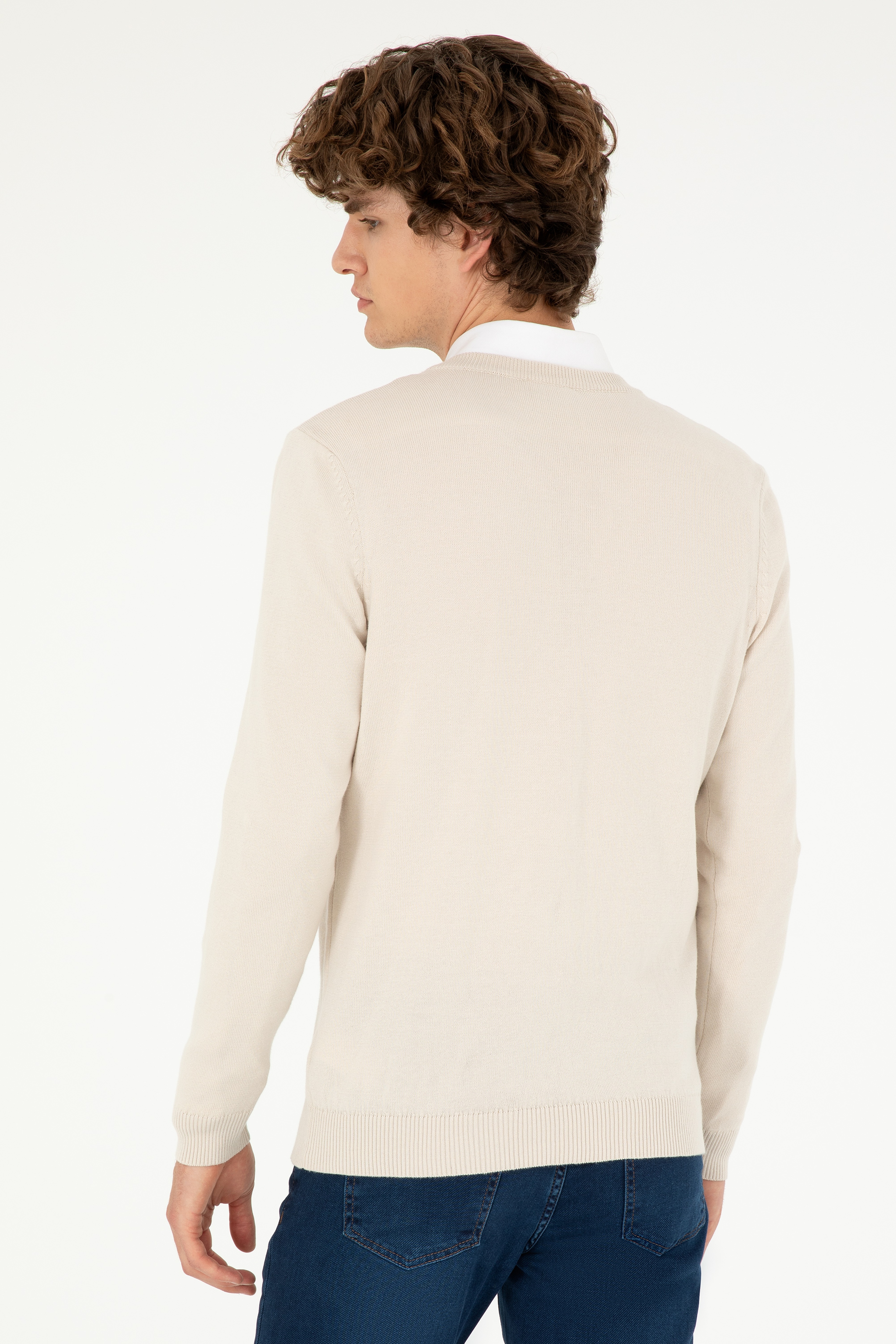 Erkek Slim Fit V Yaka Taş Basic Kazak - Image 5