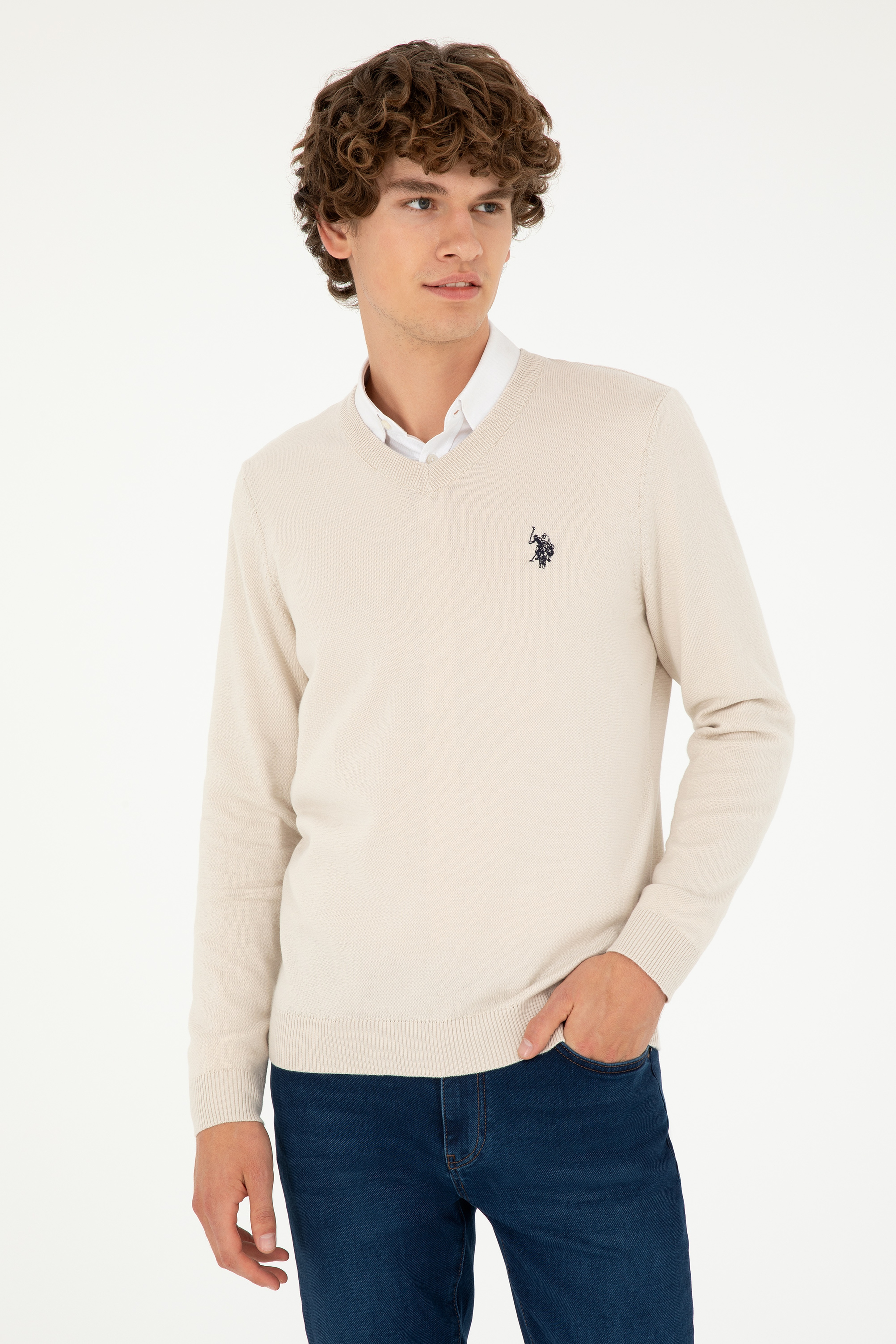 Erkek Slim Fit V Yaka Taş Basic Kazak - Image 3