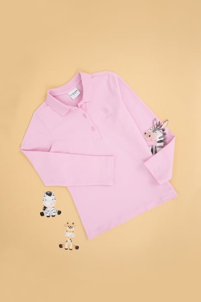 Kız Çocuk Pembe Polo Yaka Basic Sweatshirt