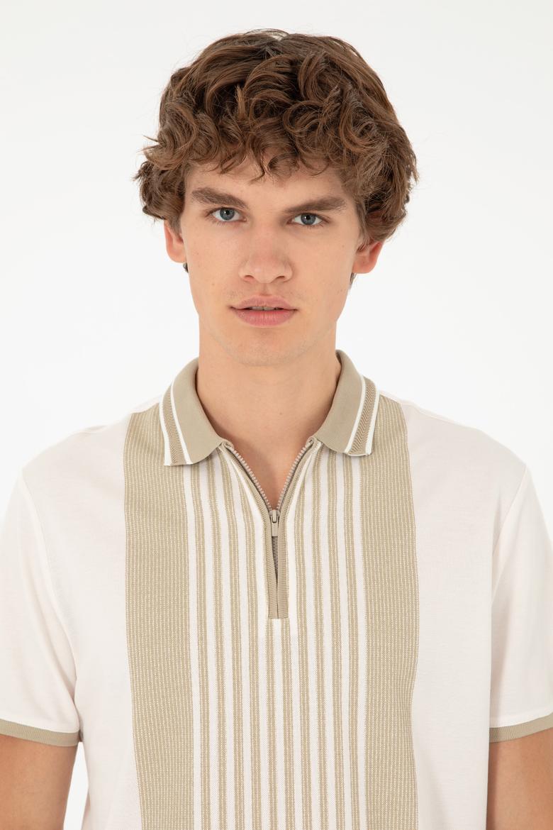 Erkek Oversize Fit Bisiklet Yaka Ekru Tişört - 50281926011