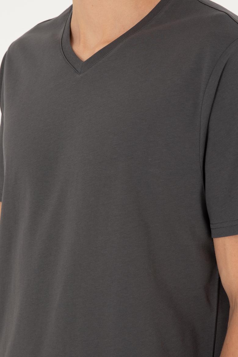 Erkek Regular Fit V Yaka Antrasit Basic Tişört - 50284632158