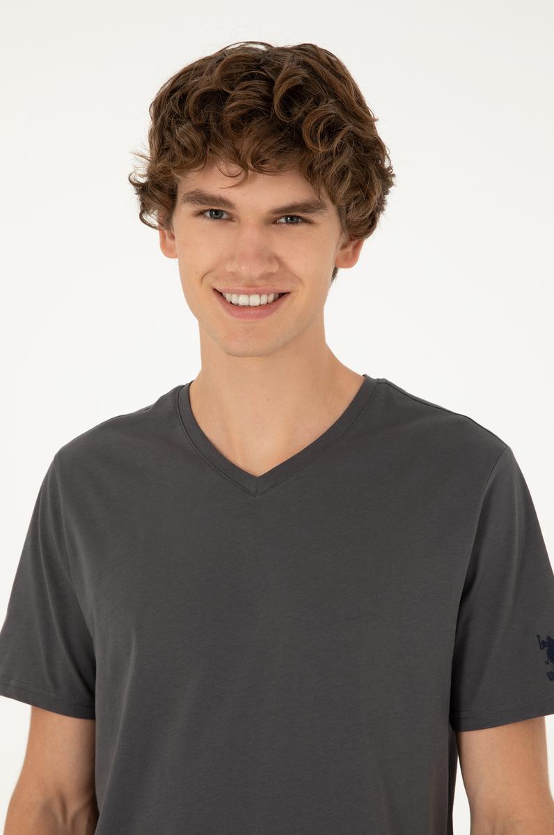 Erkek Regular Fit V Yaka Antrasit Basic Tişört