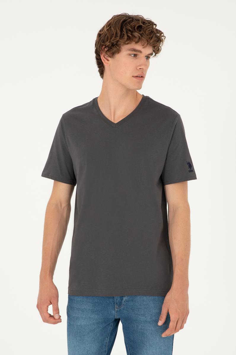 Erkek Regular Fit V Yaka Antrasit Basic Tişört