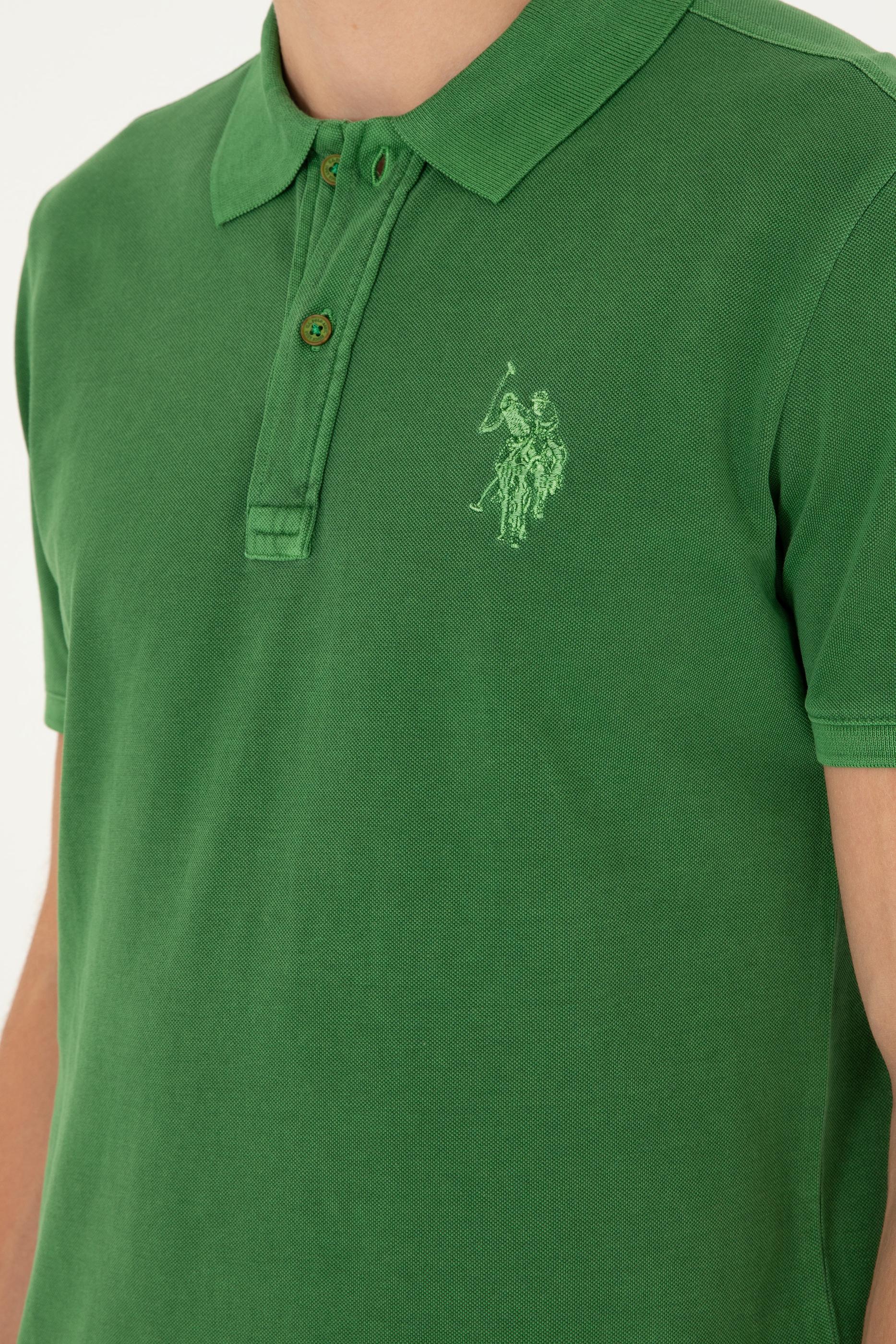 Erkek Slim Fit Polo Yaka Yeşil Basic Tişört