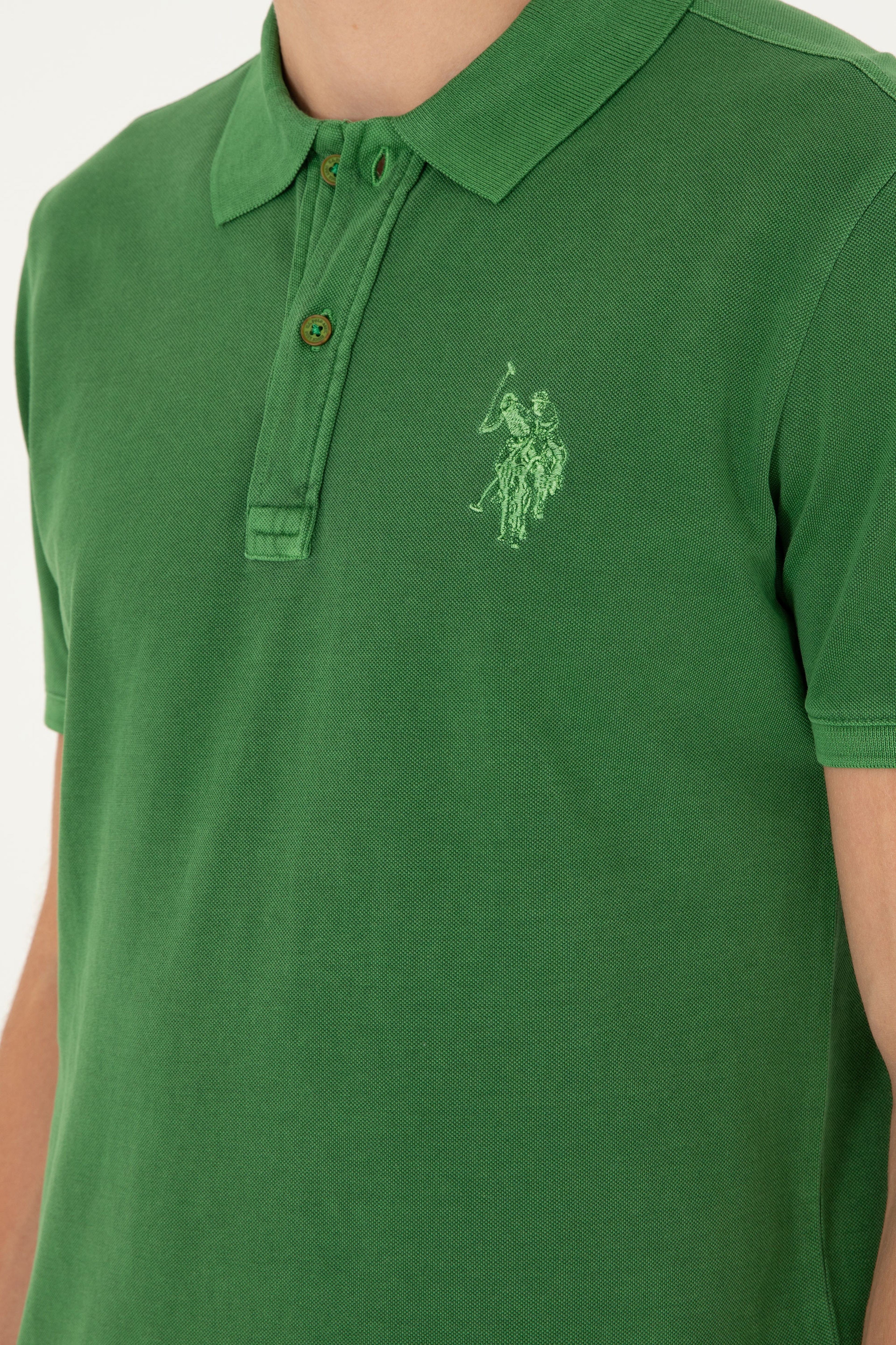 Erkek Slim Fit Polo Yaka Yeşil Basic Tişört - Image 7
