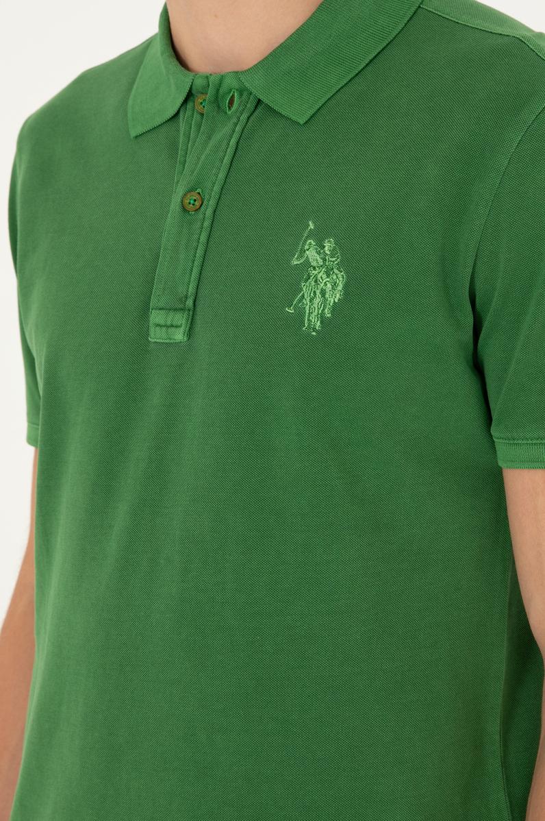 Erkek Slim Fit Polo Yaka Yeşil Basic Tişört