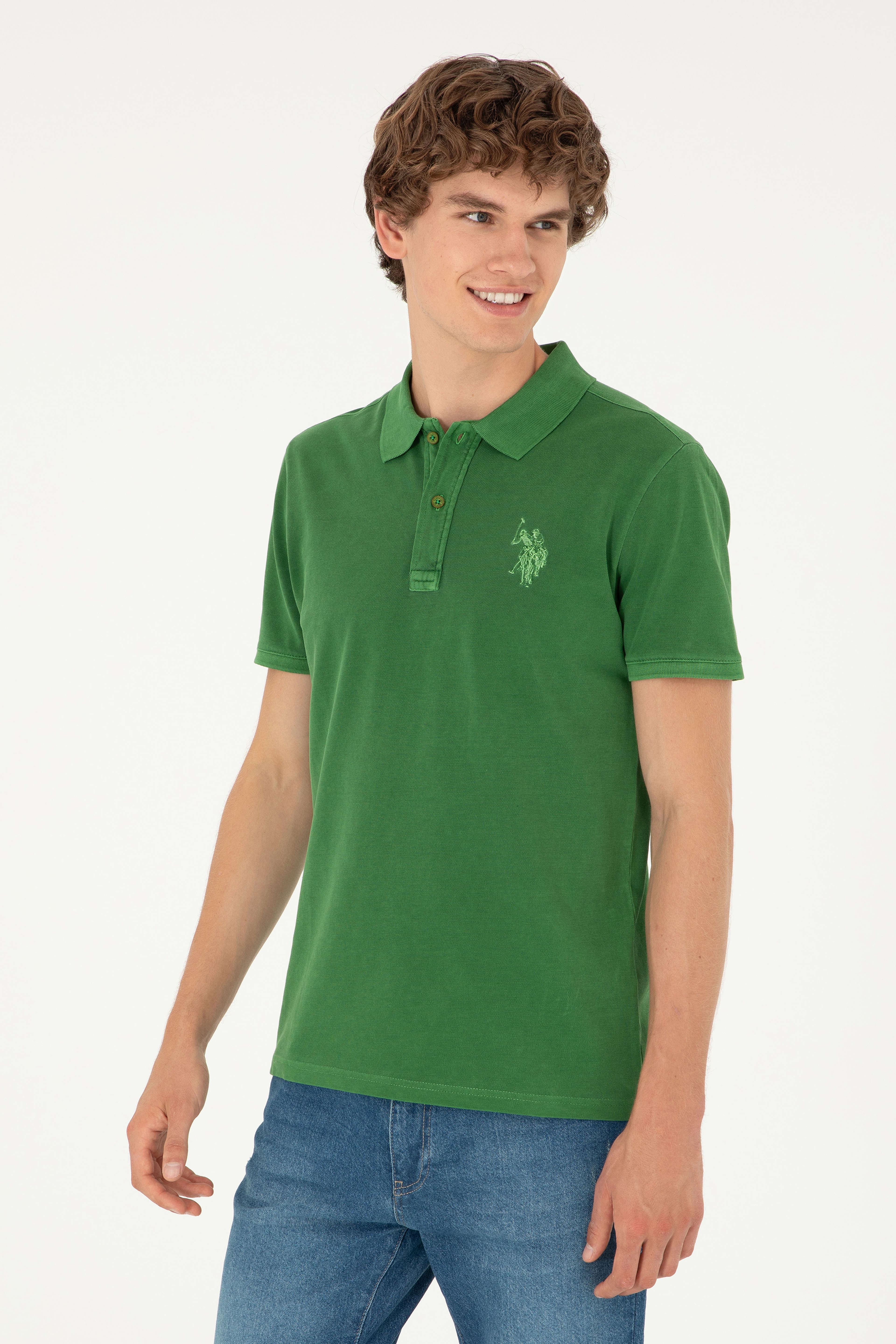 Erkek Slim Fit Polo Yaka Yeşil Basic Tişört - Image 1