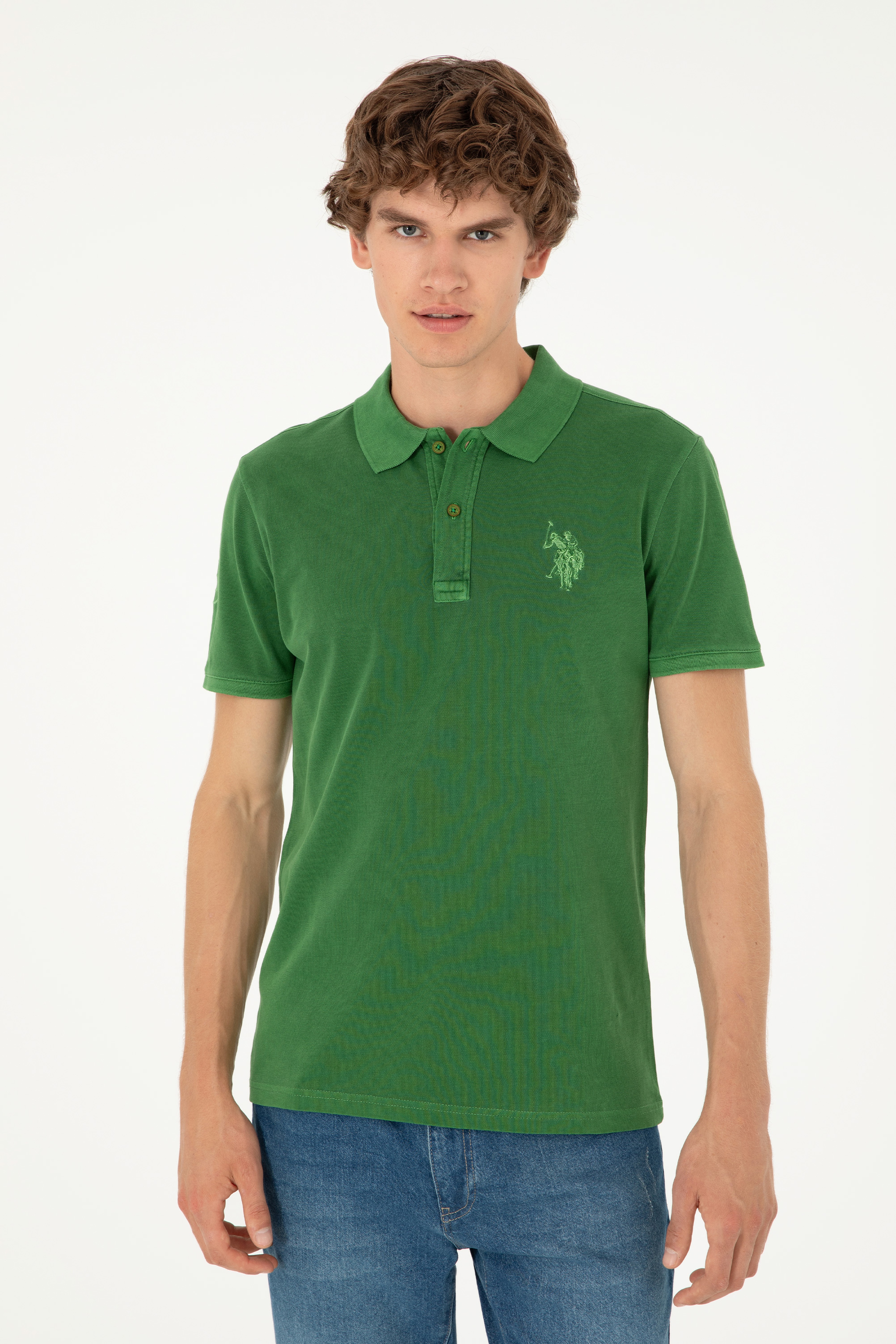 Erkek Slim Fit Polo Yaka Yeşil Basic Tişört - Image 3